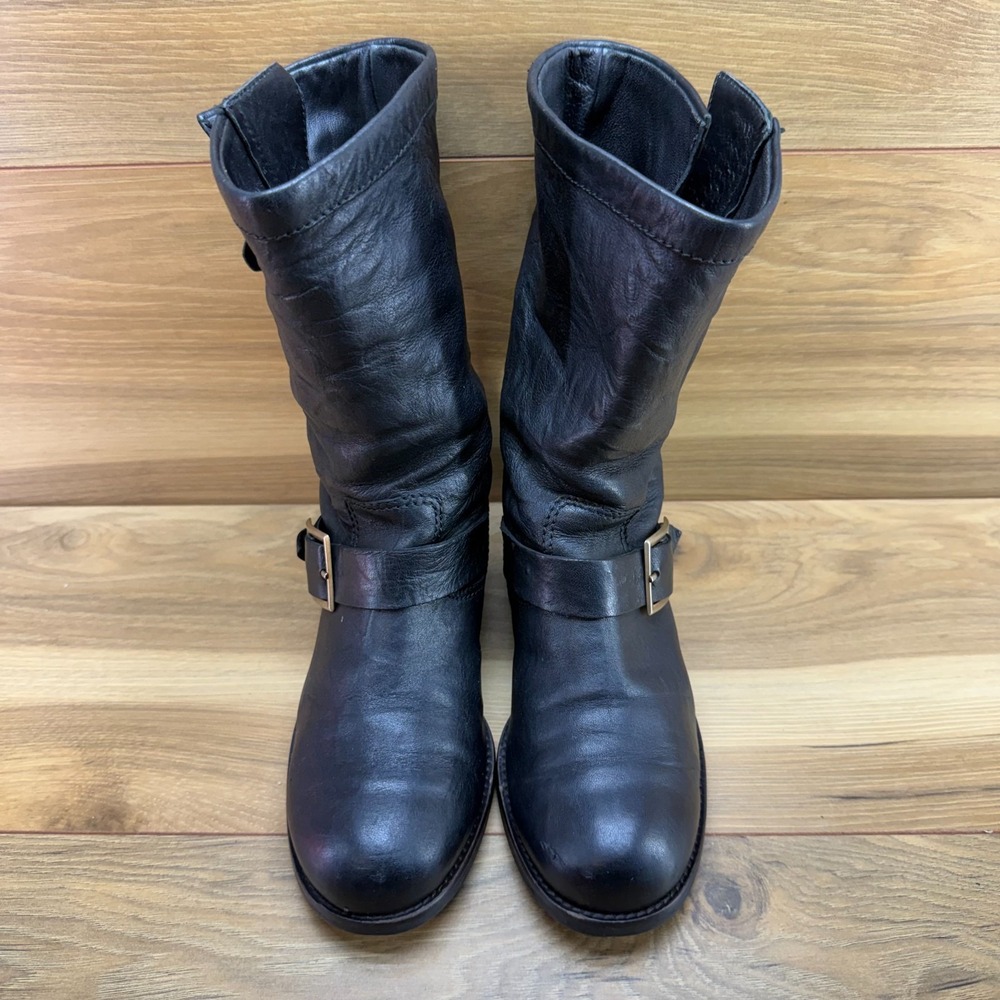Jimmy Choo FLAWED Buckle Boots 5.5 EU 35.5 Black Leather Mid Calf Biker Moto - Picture 5 of 11